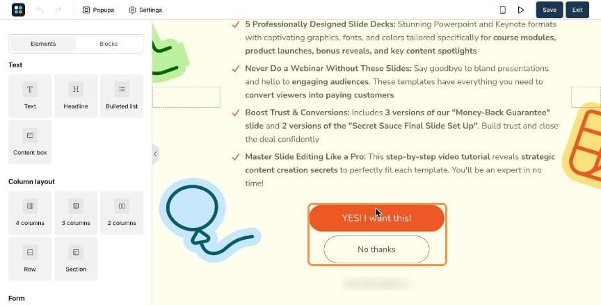 Upsell page with accept and decline buttons