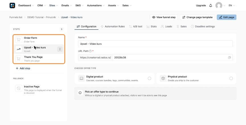 Funnel steps with upsell between order form and thank you page
