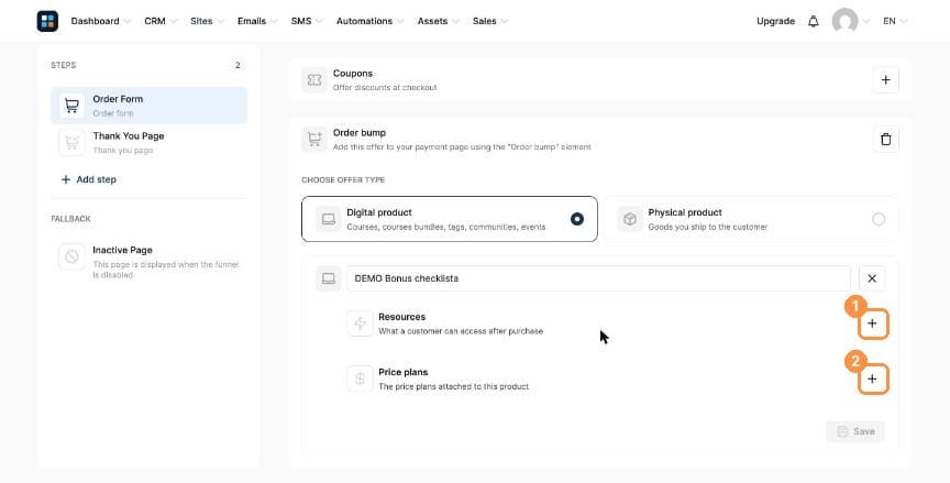 Order bump product with Resources and Price plans plus buttons