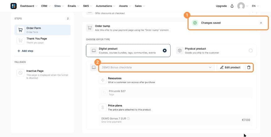 Changes saved message and locked order bump product