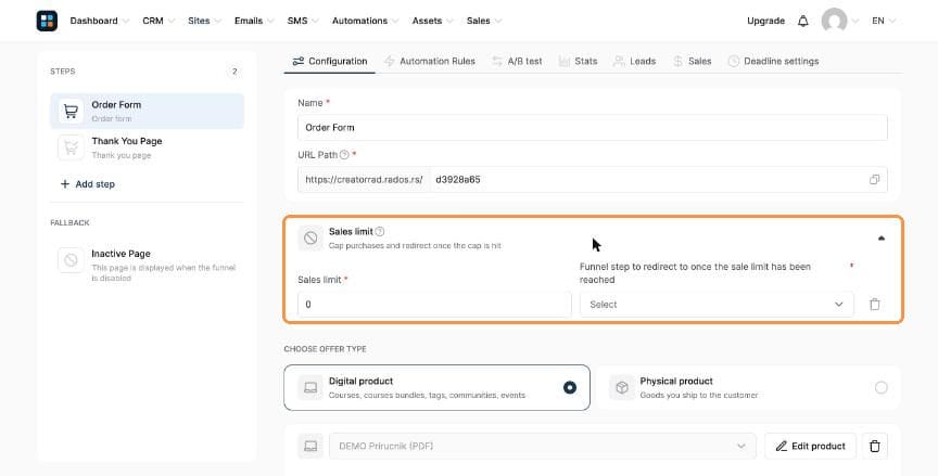 Sales limit section expanded