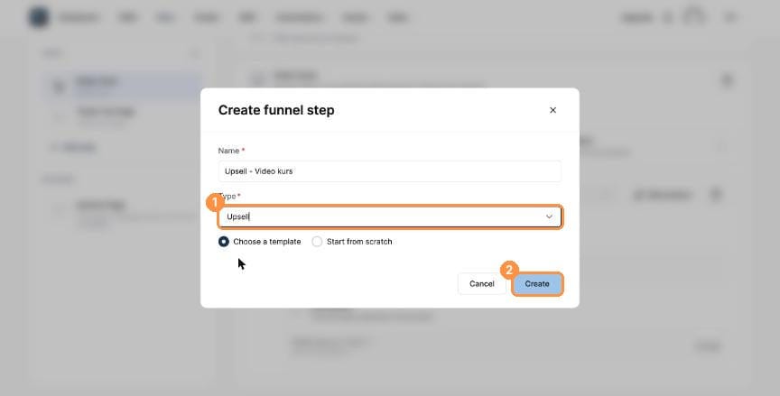 Upsell selected as step type with Create button