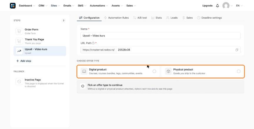 Upsell configuration with offer type