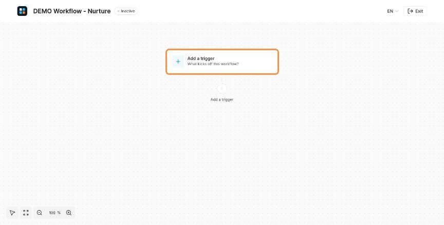 Empty workflow builder with Add a trigger