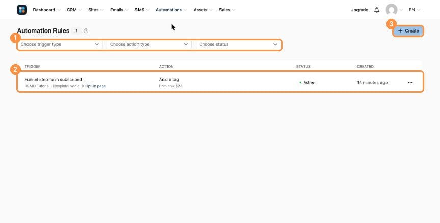 Automation Rules list with filters and Create button