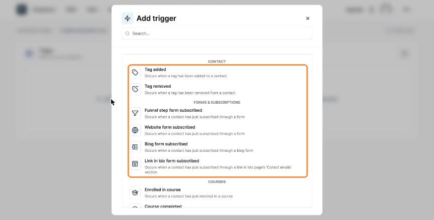 Add trigger dialog with contact and form triggers