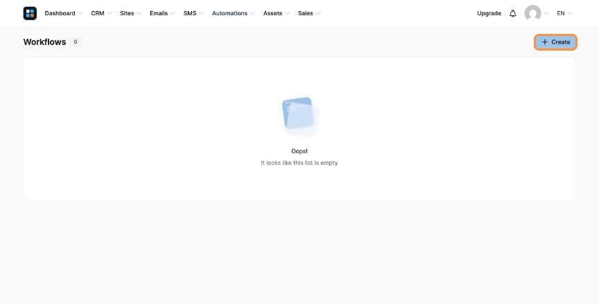 Workflows page with Create button