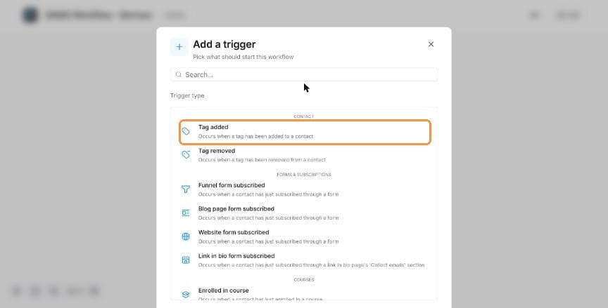 Workflow trigger list with Tag added