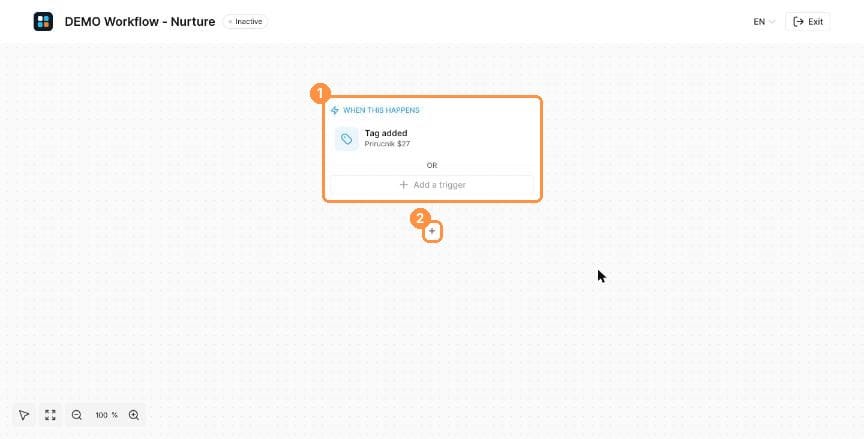 Workflow with trigger and plus button