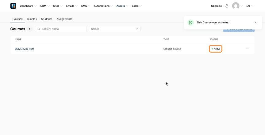Course list showing Active status