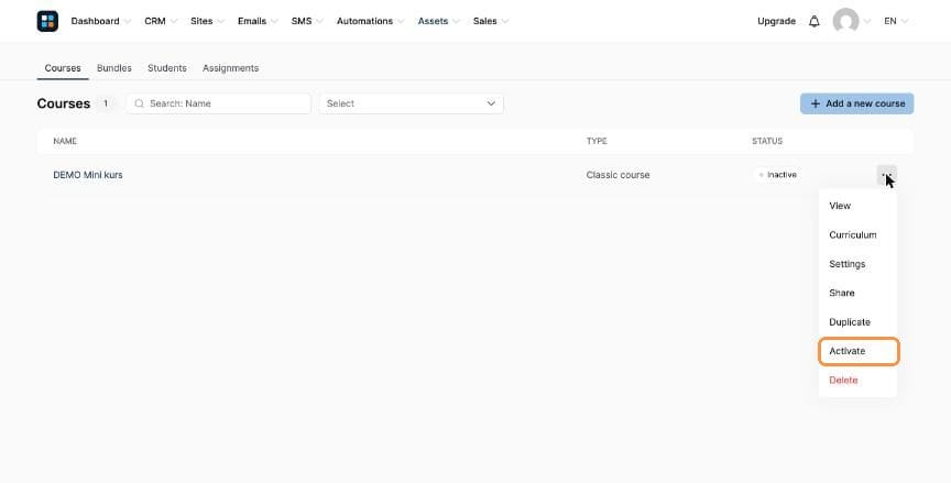Course list menu with Activate