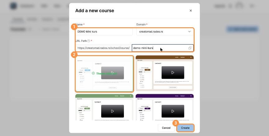 Add a new course dialog with name, URL path and theme
