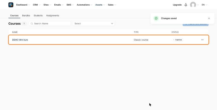 Course list with the new inactive course
