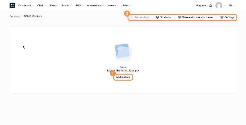 Empty course with Add module button