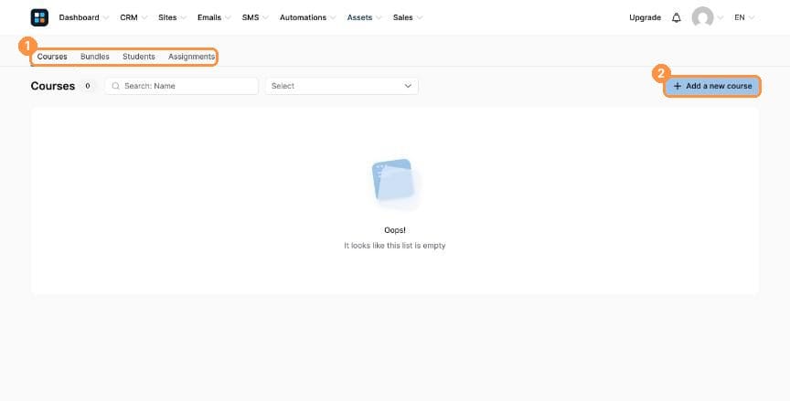Courses page with tabs and Add a new course button