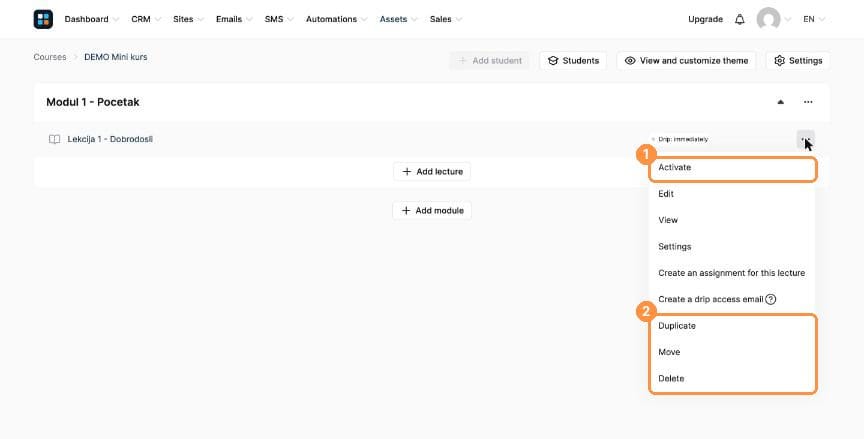 Lecture menu with Activate and Duplicate options