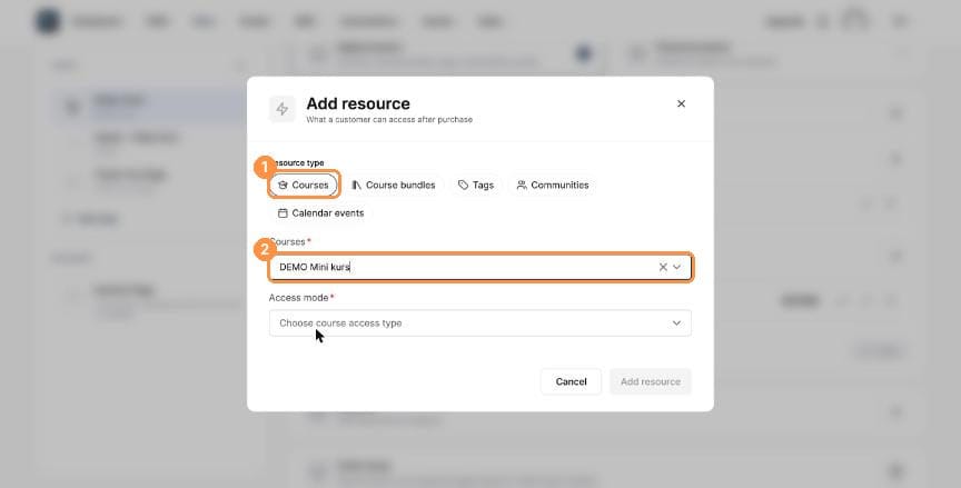 Add resource dialog with Courses selected
