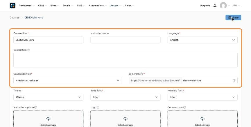 Course settings page