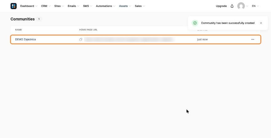 Communities list with the new community
