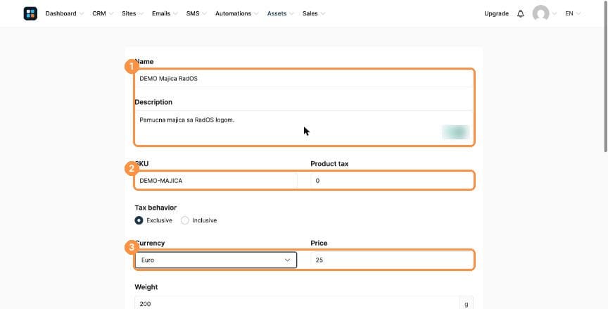 Product form with name, SKU, currency and price
