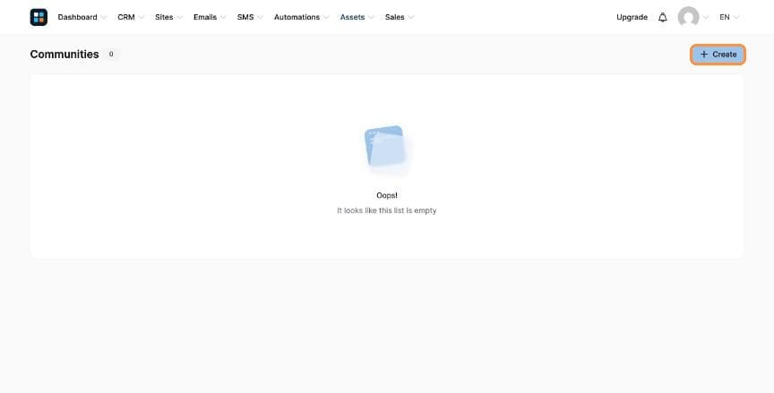 Communities page with Create button