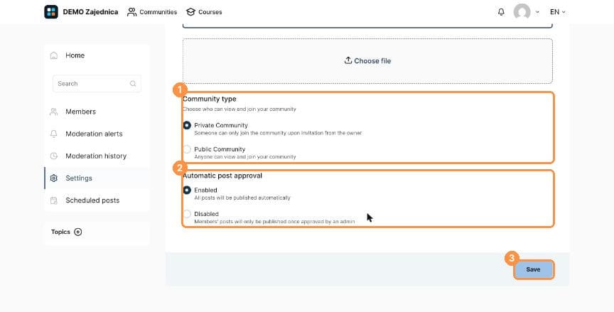 Community type and post approval options