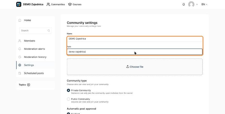Community settings with name and path