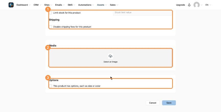 Inventory, shipping, media and options sections