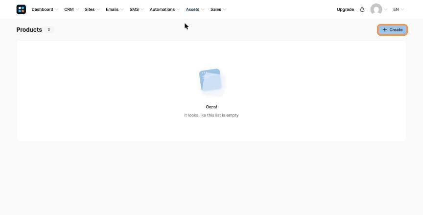 Products page with Create button
