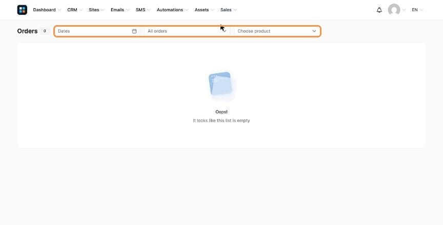 Orders page with date, status and product filters