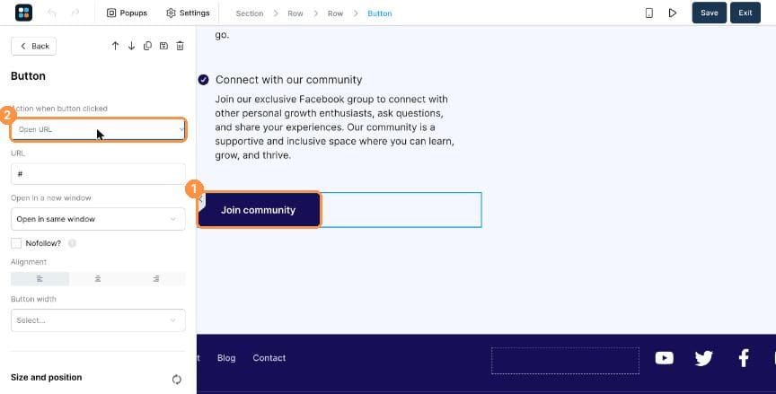 Button selected in the page editor