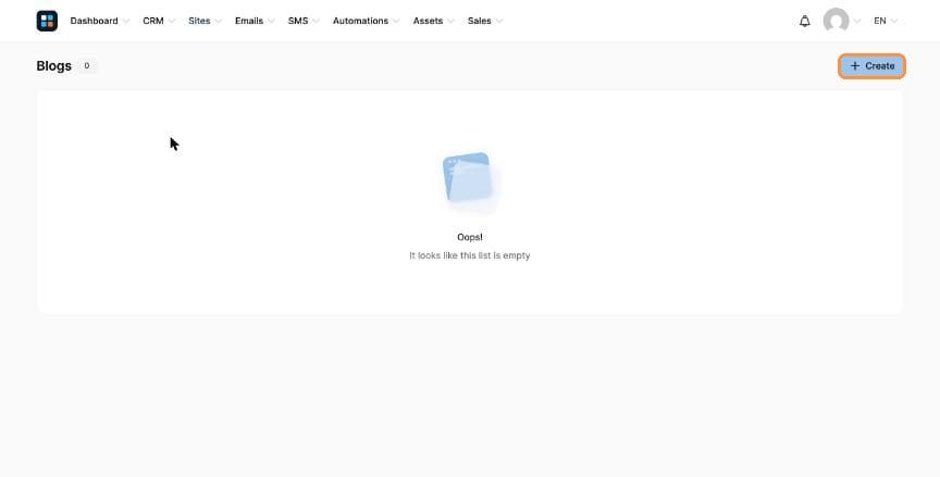 Blogs page with Create button