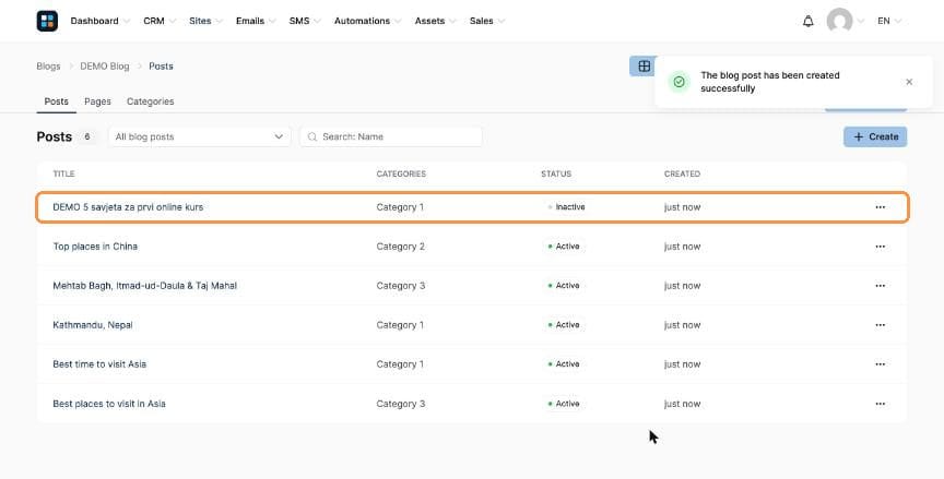 New post with Inactive status