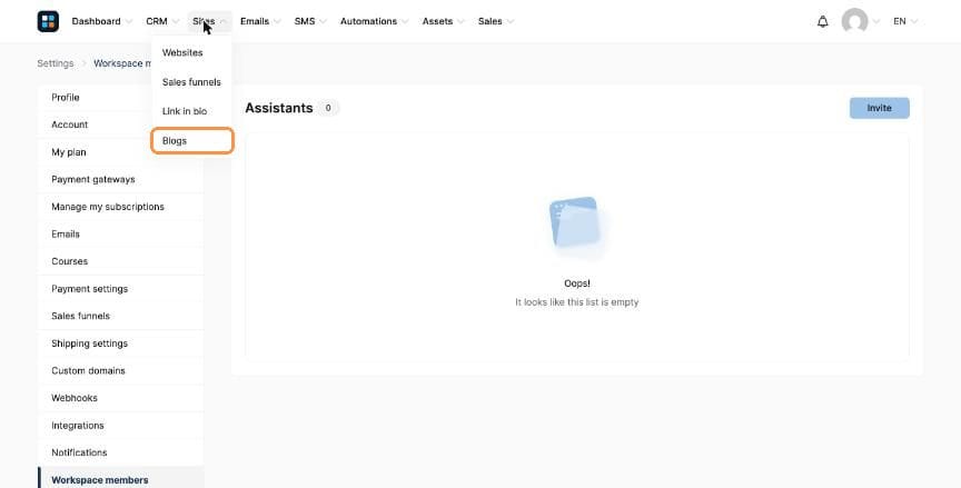 Sites menu with Blogs