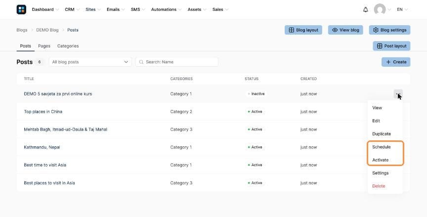 Post menu with Schedule and Activate