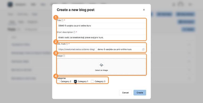 Create a new blog post dialog