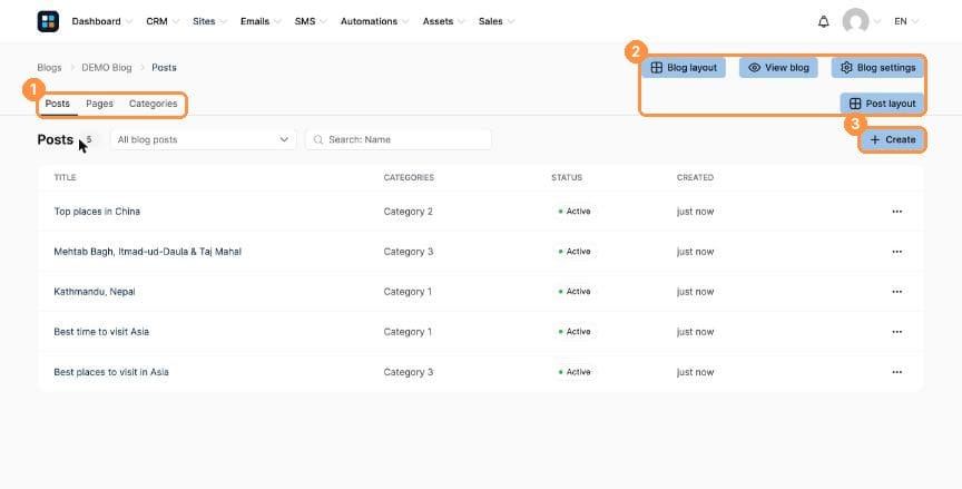 Posts tab with layout buttons