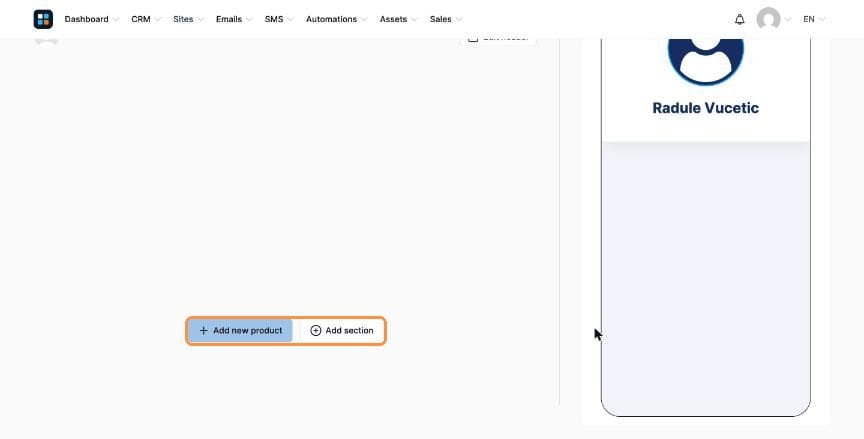 Add new product and Add section buttons