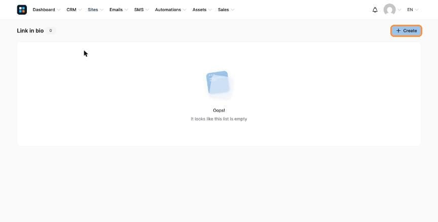Link in bio page with Create button
