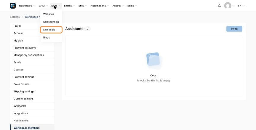 Sites menu with Link in bio