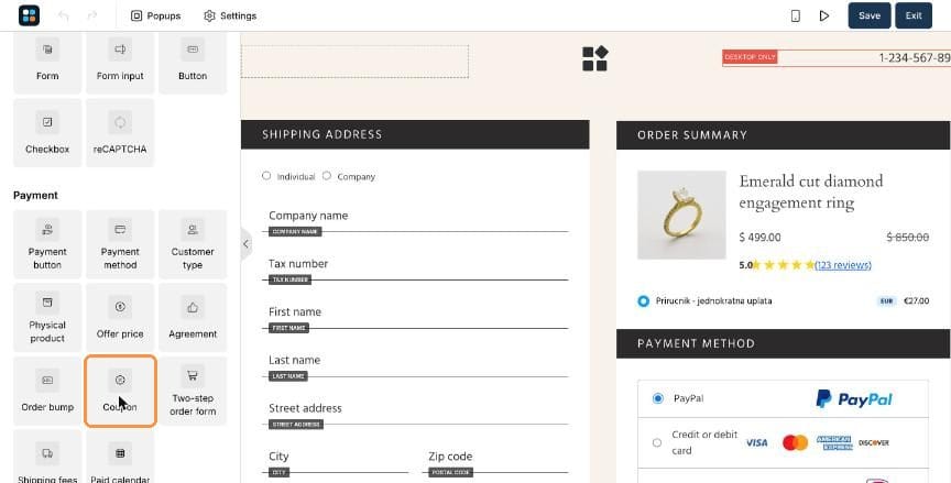 Coupon element in the Payment section