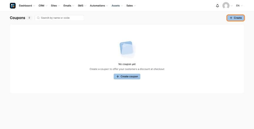 Coupons page with Create button