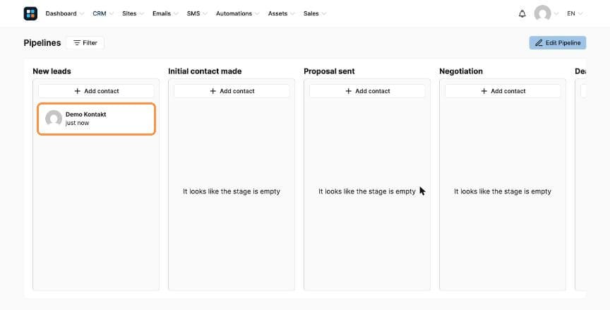 Contact card in New leads