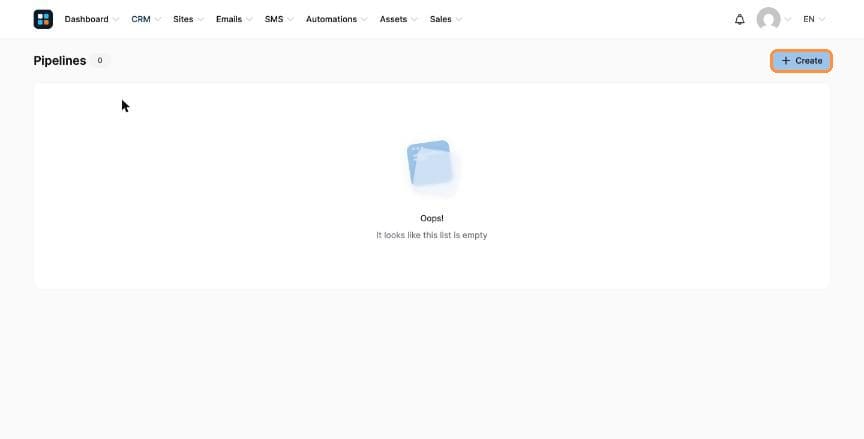 Pipelines page with Create button