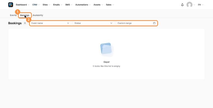 Bookings tab with filters