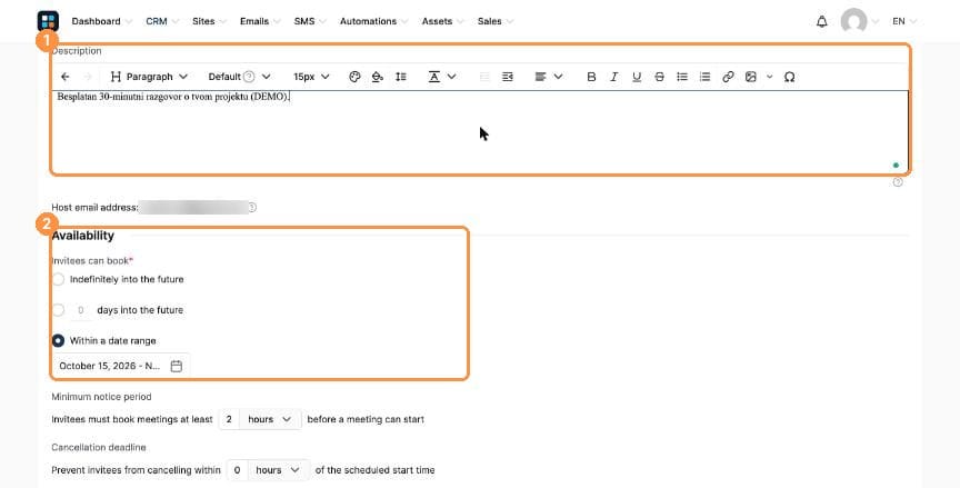 Description and availability settings