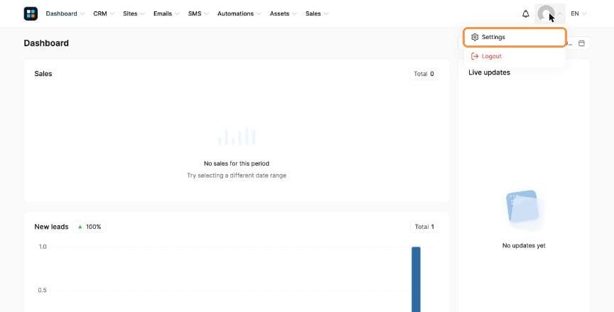 Profile menu with Settings