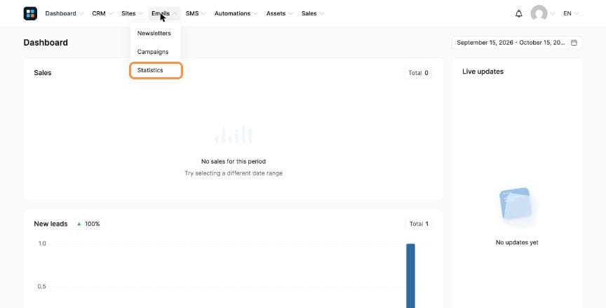 Emails menu with Statistics