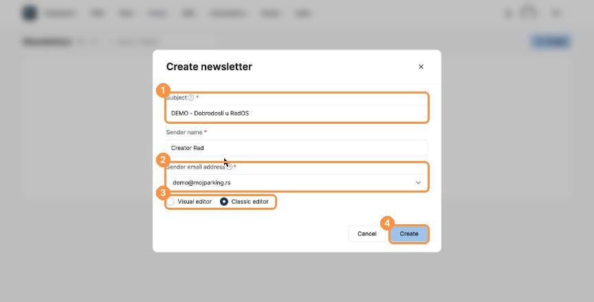 Create newsletter dialog
