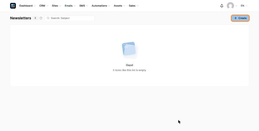 Newsletters page with Create button